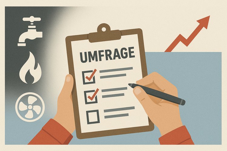 Illustration einer Umfrage zum Thema Energie und Versorgung mit Symbolen für Wasser, Gas, Lüftung und einem ausfüllbaren Fragebogen.